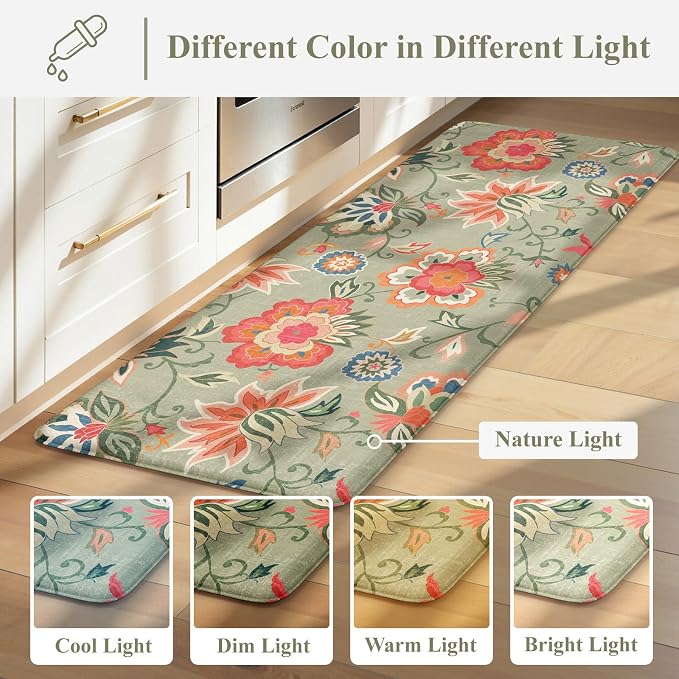 LEEVAN Anti Fatigue Kitchen Mats for Floor, Cushioned Kitchen Mat Set 2PCS | 17.3"x29"+17.3"x47", Boho Floral Green Kitchen Rugs Non-Slip, Waterproof Ergonomic Standing Mats for Laundry, Office, Sink