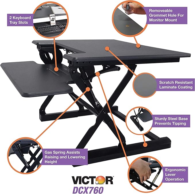 Victor DCX760G High Rise Collection Height Adjustable Standing Desk with Removable Keyboard Tray | Gray | 36” Wide Standing Desk | Professional or Home Use | Compatible with Most Monitor Arms