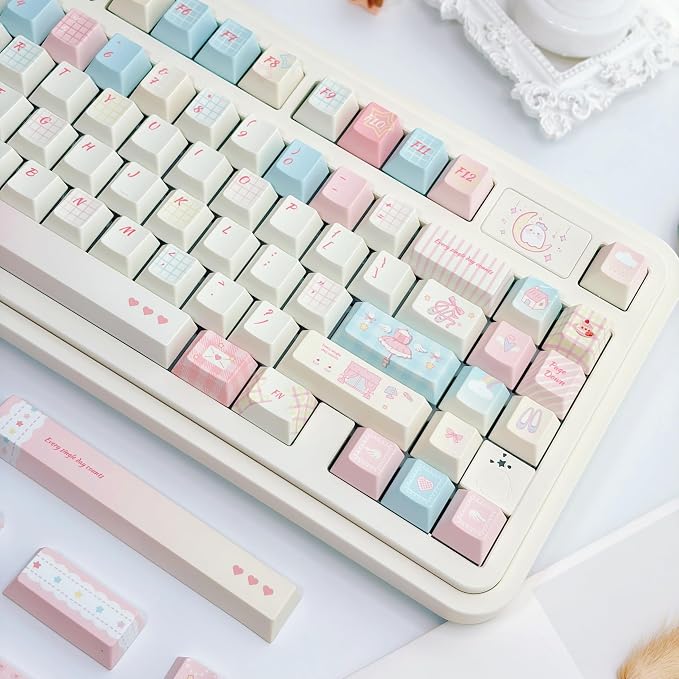 Blue Pink Gingham Keycaps 143 Keys, PBT Keycap Set Cherry Profile, Cute Custom Keycap, Dye-Sublimation Key Caps for Cherry MX Switches Mechanical Gaming Keyboard 60% 75% 100%