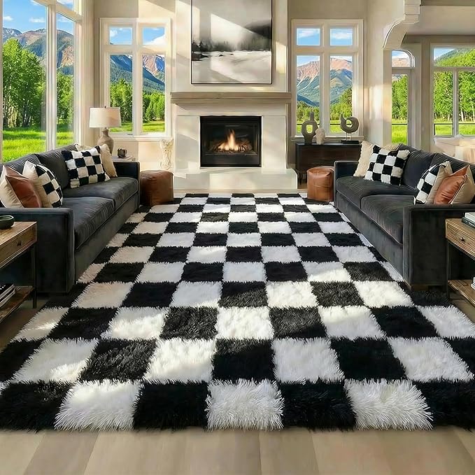 KICMOR Rugs for Living Room 7x10 Area Rug, Black and White Large Fluffy Shag Shaggy Fuzzy Checkered Bedroom Carpet, Indoor Soft Plush Big Rug for Kids Boys Girls Dorm Nursery Home Decor Aesthetic