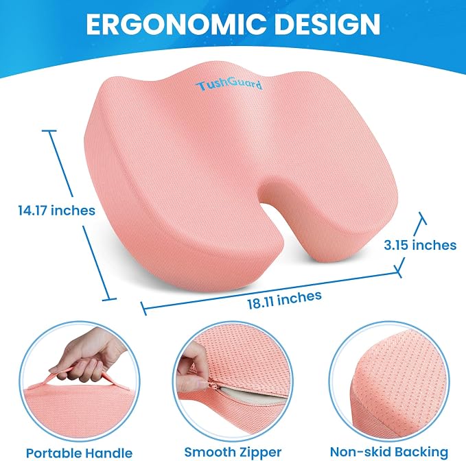 TushGuard Seat Cushion for Office Chair, Memory Foam Chair Cushion, Pink | Office Chair Cushion for Car, Airplane - Chair Pad for Long Sitting Sciatica, Hip, Coccyx,Tailbone Pain Relief, Butt Pillow
