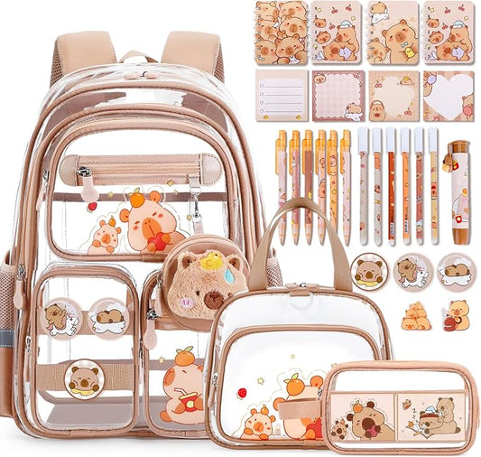 Capybara Theme Clear Backpack, 28Pcs School Supplies Stationery Transparent Backpack Set with Lunch Box Pencil Case Pens Notebooks for Kids Girls Elementary Middle School Stadium Approved