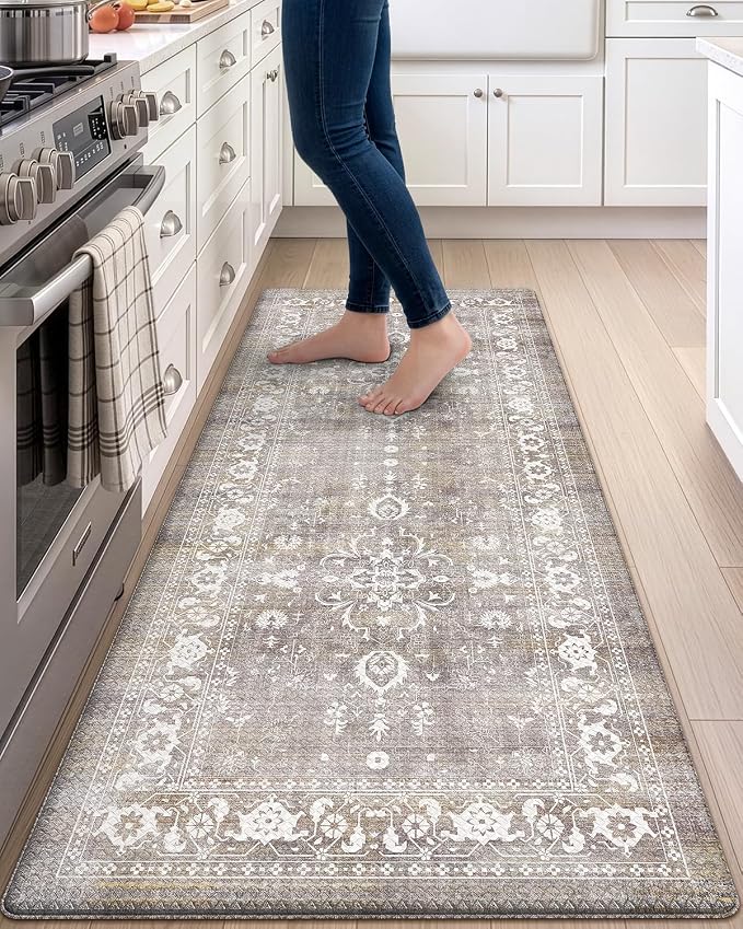 DEXI Kitchen Floor Mats Cushioned Anti Fatigue, 23x59 Long Wide Standing Comfort Runner Rug, Waterproof Retro Floral Memory Foam Padded for Front Sink Laundry, Grey Floral