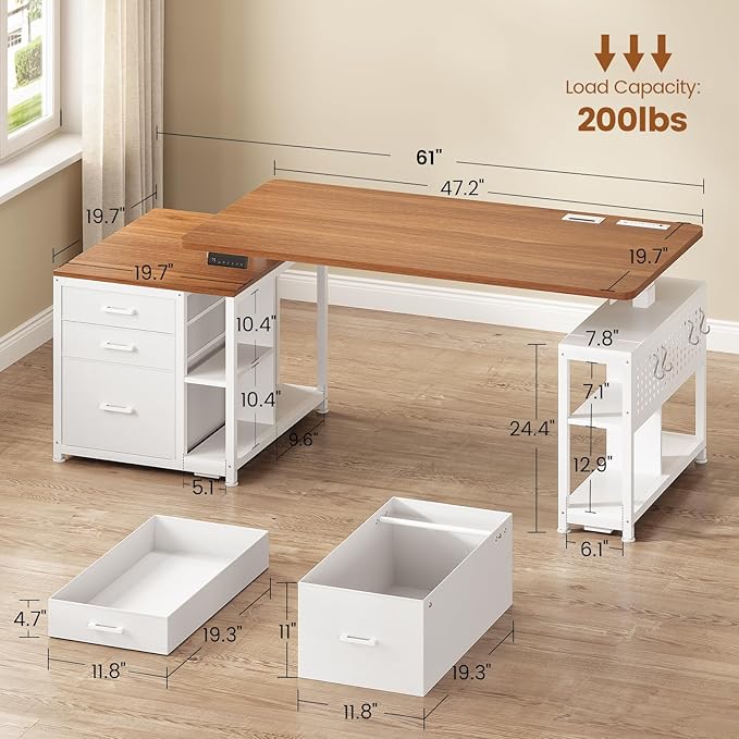 SEDETA Electric Standing Desk with 3 Fabric Drawers, 61" Height Adjustable Office Executive Desk with Storage Drawers, Stand up Computer Desk with Power Outlet for Home Office, White and Brown