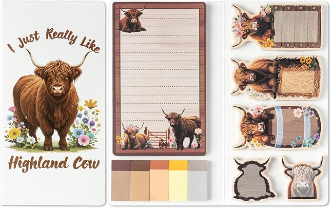 B1ykin Cute Sticky Notes Set - I Just Really Like Highland Cow Self-Stick Notes Pad, 550 Sheets Writing Memo Pages Sticky Notepad for Teacher Appreciation Gift, School Party Supplies (Wildflower Cow)