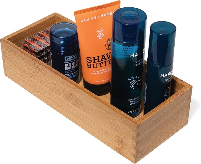Lipper International Bamboo Wood Utensil Holder Storage Box for Cooking Tools, Makeup, or Office Supplies, 5" x 12" x 3" (Pack of 6)