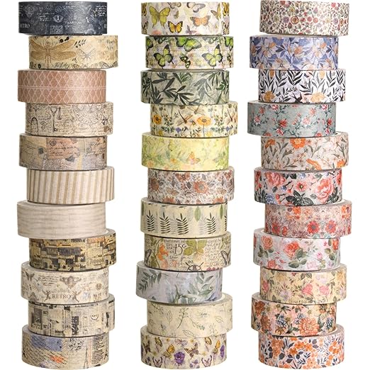 TaoBary 33 Rolls Washi Tape Set, 15 mm Holiday Washi Tape Set Seasonal Plaid Bohemian Colorful Vintage Cute for Card Wrapping Craft(Vintage Style)