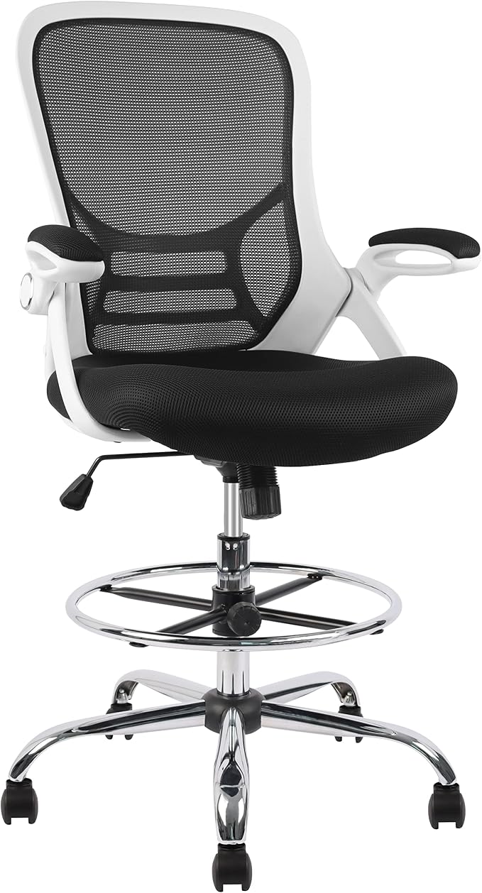 HYLONE Drafting Chair, Tall Office Chair Mesh Standing Desk Stool with Adjustable Foot Ring, Flip-Up Arms, White & Black