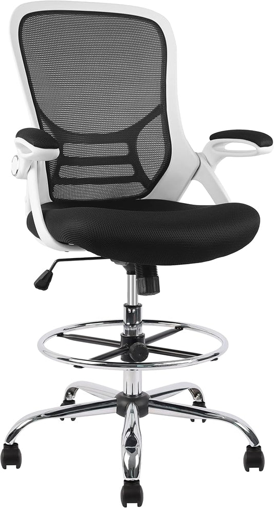 HYLONE Drafting Chair, Tall Office Chair Mesh Standing Desk Stool with Adjustable Foot Ring, Flip-Up Arms, White & Black