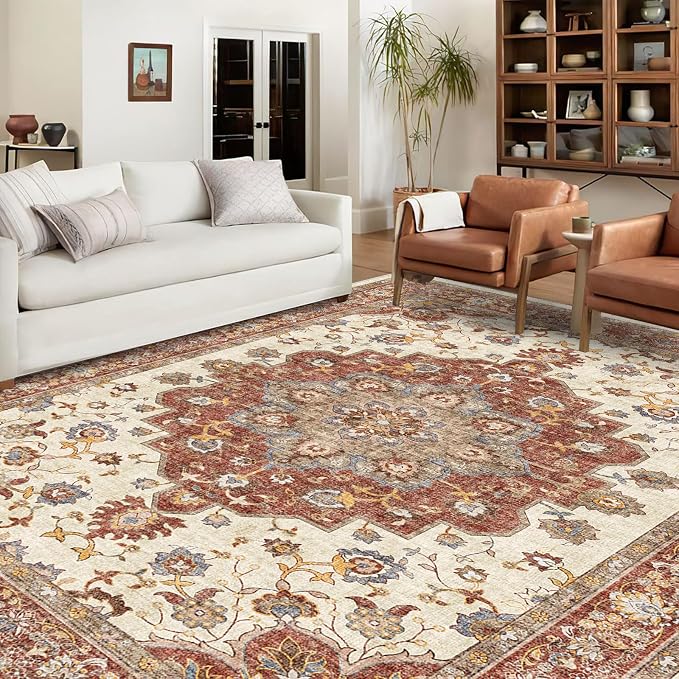 TOPRUUG Washable Oriental Area Rug - 9x12 Rugs for Living Room Soft Carpet for Bedroom Waterproof Floral Distressed Indoor Stain Resistant Non-Shedding Floor Carpets (Red, 9x12)