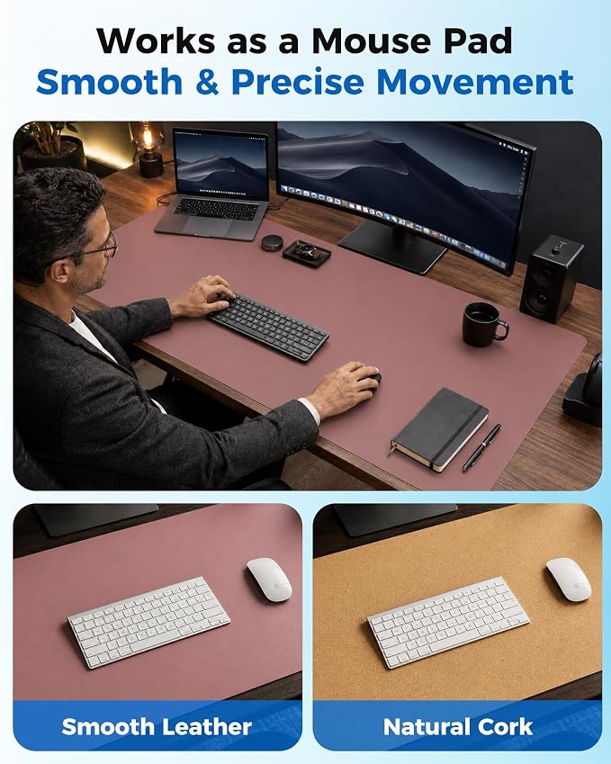 Aothia Dual-Sided Desk Mat, FSC Cork & PU Leather Desk Pad, Large Mouse Pad & Writing Surface for Full Desk Coverage, Non-Slip Waterproof Desk Protector - 47" x 23.6", Pale Mauve