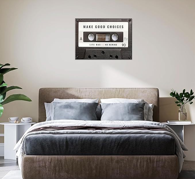Inspirational Office Canvas Wall Art Picture Vintage Cassett Tape Prints Make Good Choices Life Has No Rewind Inspiring Artwork Motivational Wall Decor for Office Bedroom Living Room 12x16in Framed