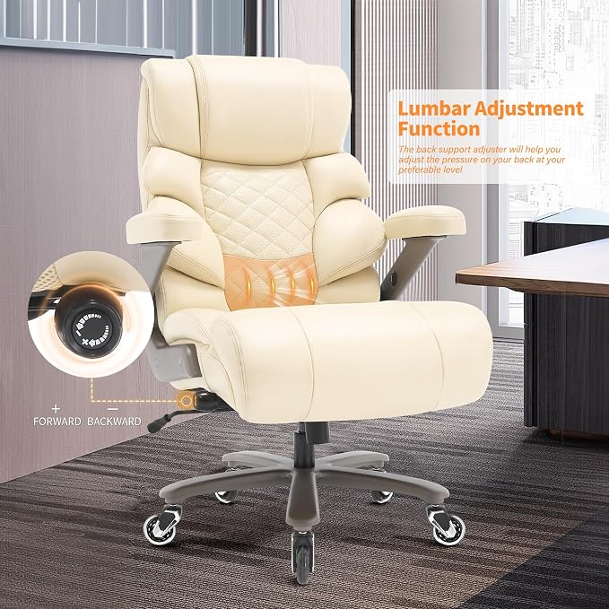 VUZI 700lbs Big and Tall Office Chair, Large Executive Leather Desk Chair | Adjustable Lumbar Support for Back Pain, Plus Size Wheels, 3D Flip Arms, Heavy Duty Metal Base, Wide Seat Computer Chair