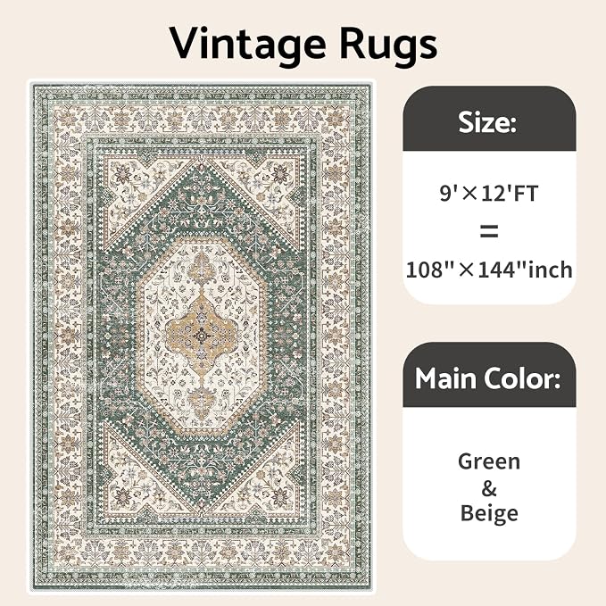 Puino 9x12 Washable Vintage Rug: Oriental Rugs for Living Room Non Slip Backing Stain Resistant Large Indoor Carpet for Bedroom Area Rug Dining Room Decor(Green,9x12FT)