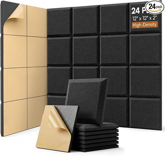 SODOCT 24 Pack Acoustic Foam Panels Flat Shape, Self-Adhesive 12 x 12 x 2 Inches, High-Density Acoustic Foam, Sound Proofing, Sound Absorbing Panels for Studio, Podcast, Home Office