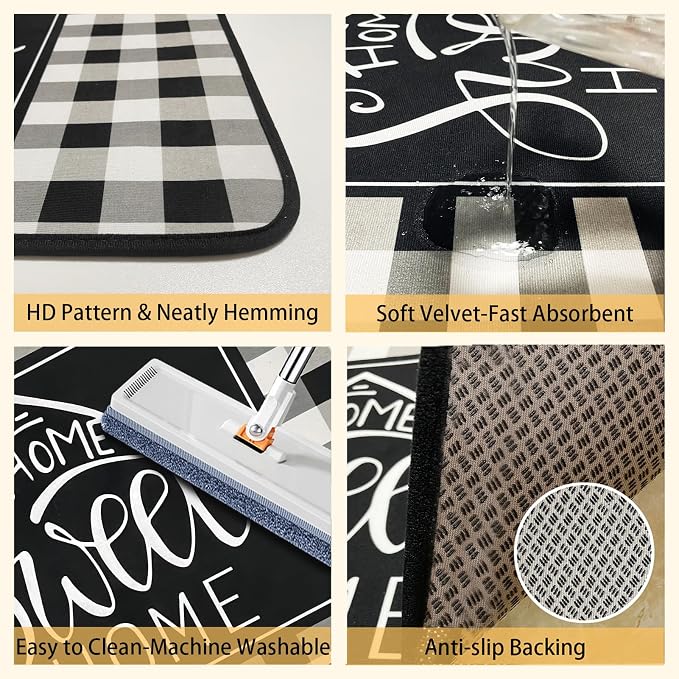 Voanos Kitchen Rugs,Non Skid Washable Microfiber mats for Kitchen Floor, Black and White Buffalo Plaid Kitchen Cushioned Runner Rug Decor Sets of 2,Size 17"x 47"+17"x 30"