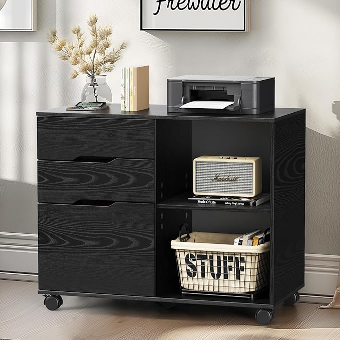 DUMOS File Cabinet with 3 Drawers, Wood Under Desk Storage Printer Stand | Rolling Lateral Filing Cabinet with Adjustable Shelves for Home Office Study Organization,Black
