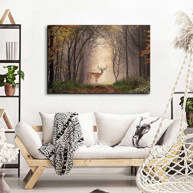 Wild Animal Landscape Canvas Wall Art Deer in Autumn Foggy Forest Picture Wall Decor Elk Wildlife Scenery Photo Prints Painting Decoration for Modern Living Room Bedroom Bathroom Home Art 32x48 Inch