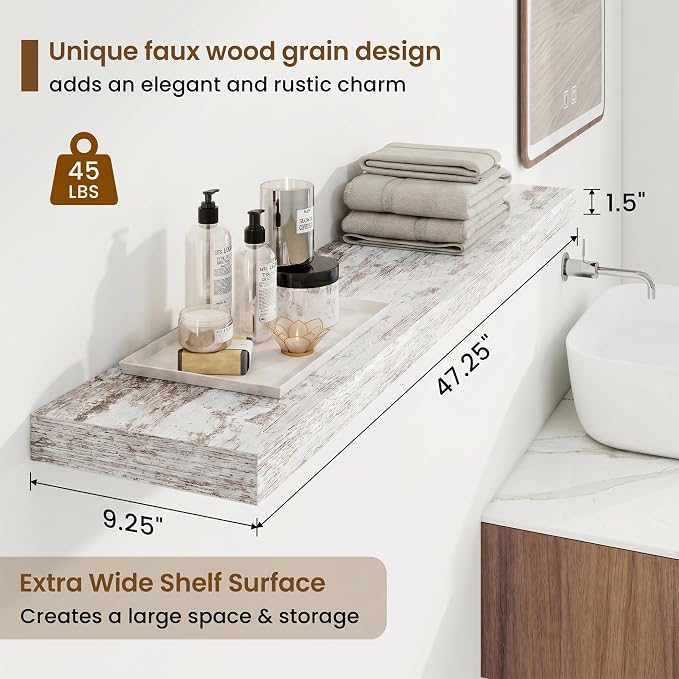 48in Floating Shelves for Wall, 48"W x 9.25"D x 1.25"H, 2 Pack Long Wall Mounted Engineered Wood Shelves with Invisible Brackets for Living Room, Bedroom, Bathroom, Kitchen, Vintage White