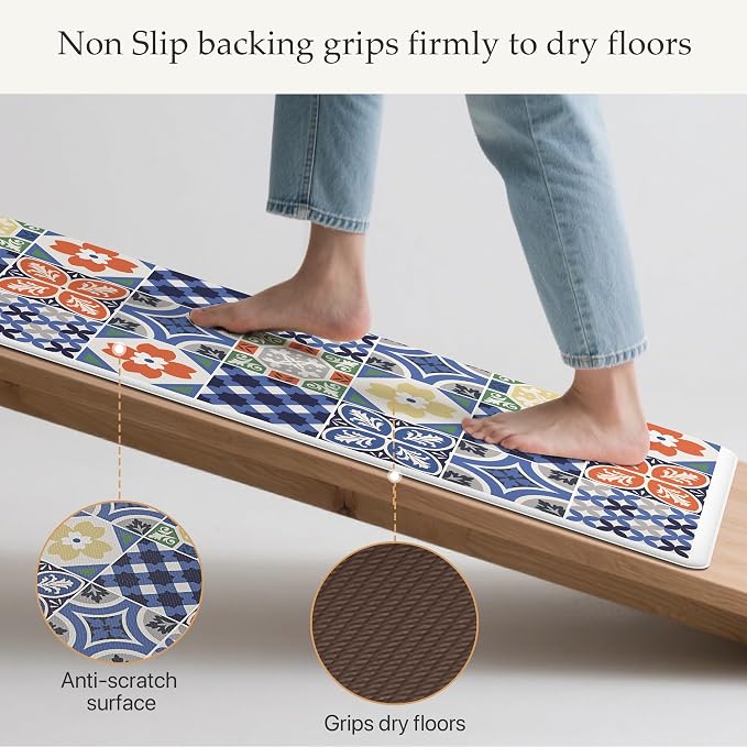 GENIMO Anti Fatigue Kitchen Mats for Floor, Cushioned Non Slip Kitchen Rug, Waterproof Kitchen Floor Mat Runner, Kitchen Mat for Laundry, Sink, Office, Entryway, 17.3"x59"+17.3"x30", Blue