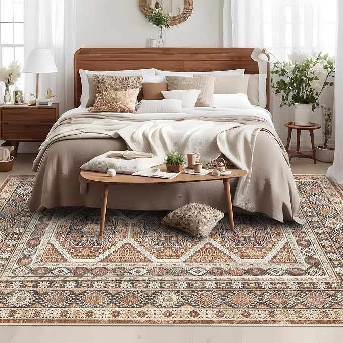 8x10 Washable Area Rugs: Large Non-Shedding Oriental Living Room Rug Super Soft Vintage Bedroom Carpet Ultra Thin Farmhouse Distressed Indoor Rug for Kitchen 8x10 Brick