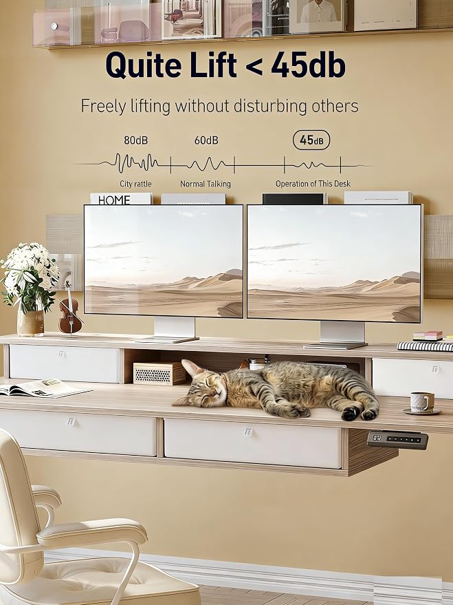 CubiCubi 60" x 30" Standing Desk with Drawers, Height Adjustable Electric Workstation, Computer Sit Stand Up Table with Large Storage Shelf 4 Drawers and 2 Hooks, Light Rustic Brown