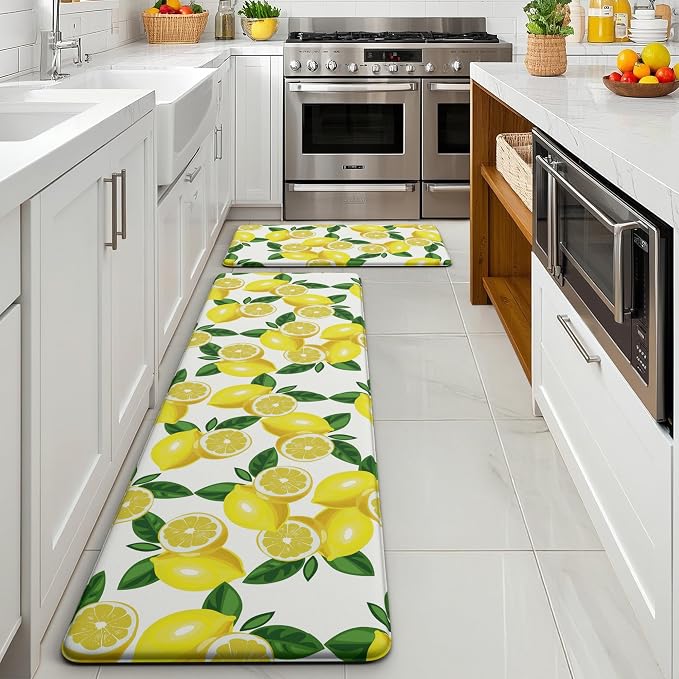 MAYHMYO Lemon Kitchen Decor Mat Set, 2PC Kitchen Mats, Anti Fatigue | Lemon Pattern,Lemon decor,Yellow docor,Cushioned comfort,Non-slip backing,Easy to clean,Water-resistant,Kitchen,Laundry