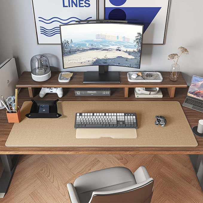 DAWNTREES Dual Sided Desk Mat,Leather Desk Pad,Black 40"x16",Cork Desk Mat Protector,with PU Leather Valet Tray Organizer,Large Mouse Pad,Desk Writing Pad for Office and Home