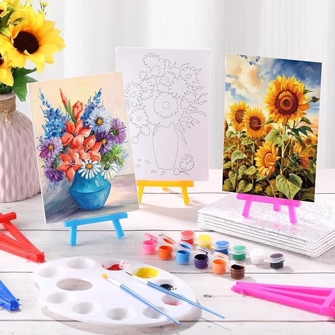 Blosssound 10 Set Pre Printed Canvas Pre Drawn Canvas Painting with Easel Kits 5" x 7" Outline Painting Panels for Beginners, DIY Craft Project, Party Favor, Home Decors(Flower)