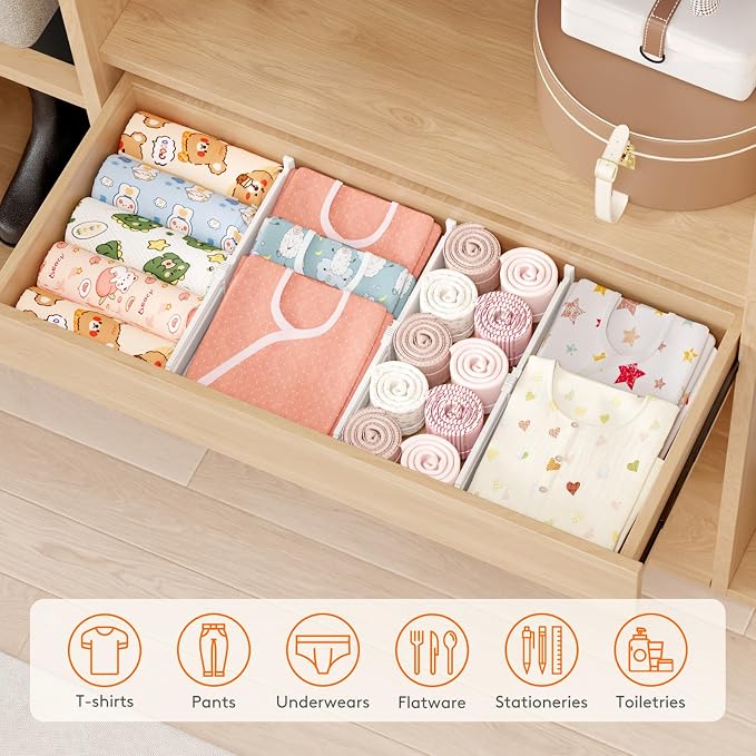 Lifewit 12 Pack Drawer Dividers for Clothes, 4" High 10.5"-16.5" Expandable Dresser Drawer Organizers, Adjustable White Plastic Separators for Kitchen, Cabinet, Nursery, Socks & Underwear Storage