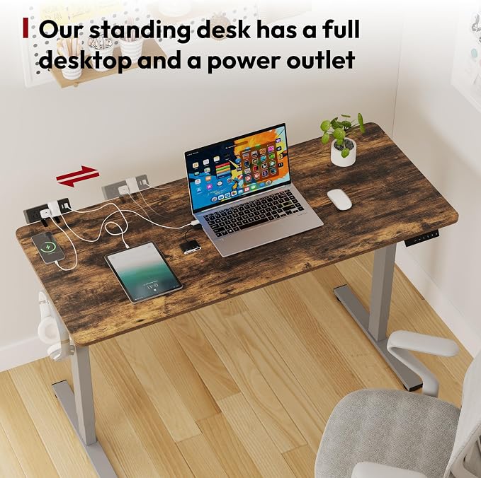 SANODESK Electric Standing Desk with Desk Clamp Power Strip 48"x 24" Whole-Piece Desktop Height Adjustable Stand Up Desk with Cable Management Sit Stand Home Office Desk Silver Frame/Rustic Brown Top