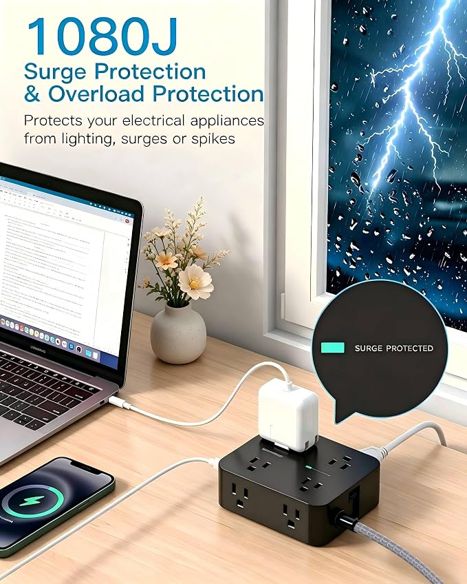 Flat Plug Power Strip Surge Protector, HANYCONY 5 Ft Flat Extension Cord with Multiple Outlets 4 USB C Ports, Multi Plug Outlet Extender Wall Mount for Home Office Desk