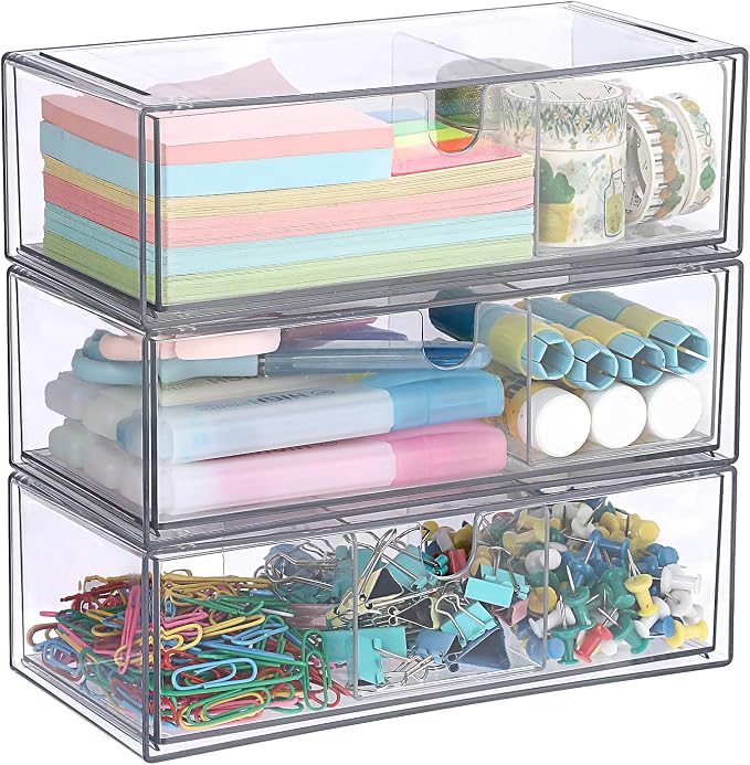 Acrylic Pencil Drawer with Removable Dividers Clear Pull Out Pen Drawer Organizer Stackable Bathroom Organizer for Makeup, Cosmetics, Office Supplies,3 Pack
