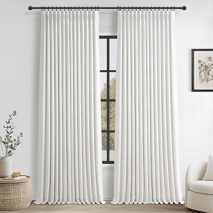 Pinch Pleated Extra Long Blackout 132 Inch Curtains for Sliding Glass Doors, Pure White Memory Shape Dual Layer Linen Light Blocking Floor to Ceiling Aesthetic Windows Drapes 2 Panels Set 11FT Length