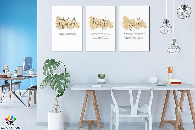 3 Piece Inspirational Wall Art - Attitude Hustle Grit Motivational Quotes Canvas Art for Women Room Decor, Office Wall Art Pictures, Inspirational Poster Framed Artwork for School Decor 16”x24”x3Pcs