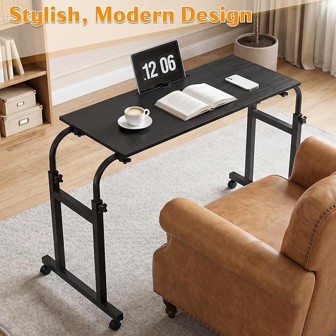 Over the Bed Table with Wheels, Height Adjustable Rolling Desk, Heavy Duty Steel Frame Laptop Workstation for Bedroom, Living Room, Hospital Use, Adults and Kids