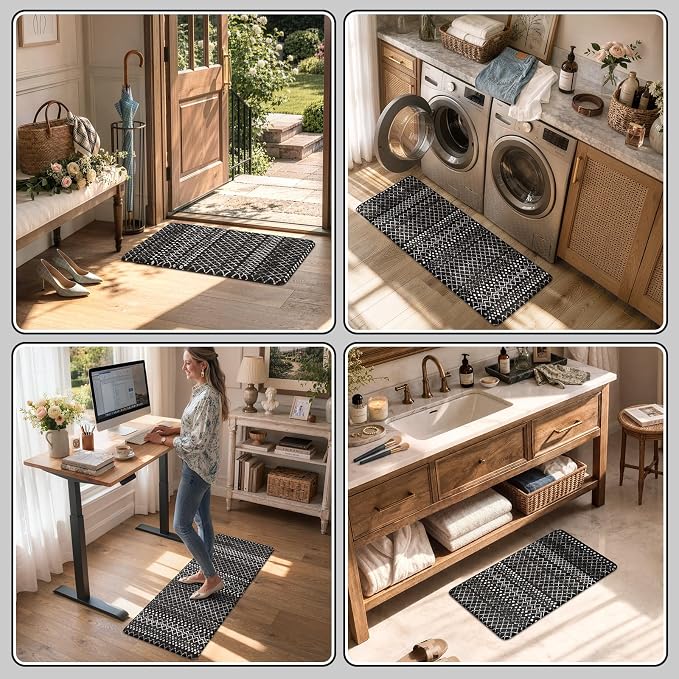 KIMODE Kitchen Mats Cushioned Anti Fatigue, Black Farmhouse Kitchen Rugs Sets of 2, Padded Kitchen Floor Mats, Non Slip Standing Mats for Sink Laundry Office Desk 17"x59"+17"x29"