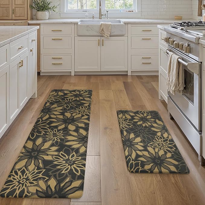 GENIMO Anti Fatigue Kitchen Mats for Floor 2PCS, Cushioned Standing Mats | 17.3"x59"&17.3"x30", Black Brown vintage floral rug set, waterproof, non slip, easy-clean for farmhouse