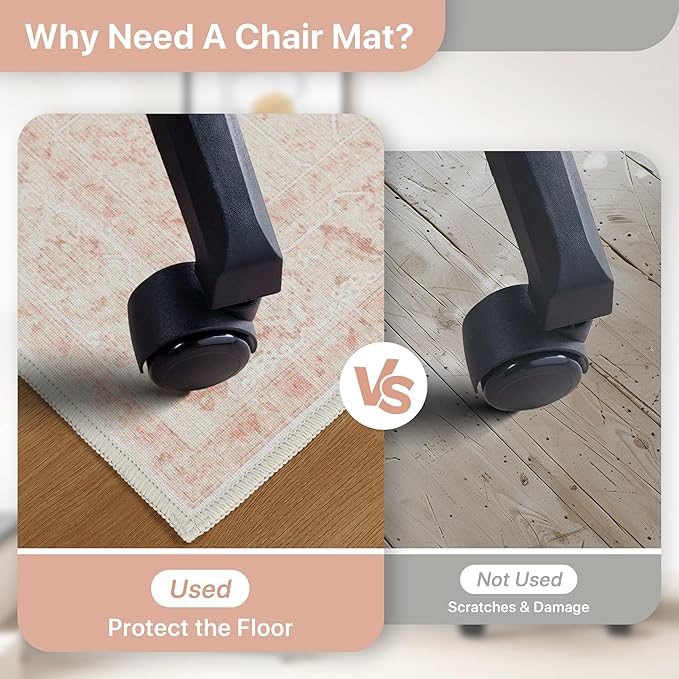 48"x72" Office Chair Mat for Hardwood Tile Floor, Under Desk Carpet Protector for Rolling Computer Chair Mat, Machine Washable Area Rug, Anti-Slip 1/5" Thick Low Pile Thin Vinyl Floor Mat, Light Pink