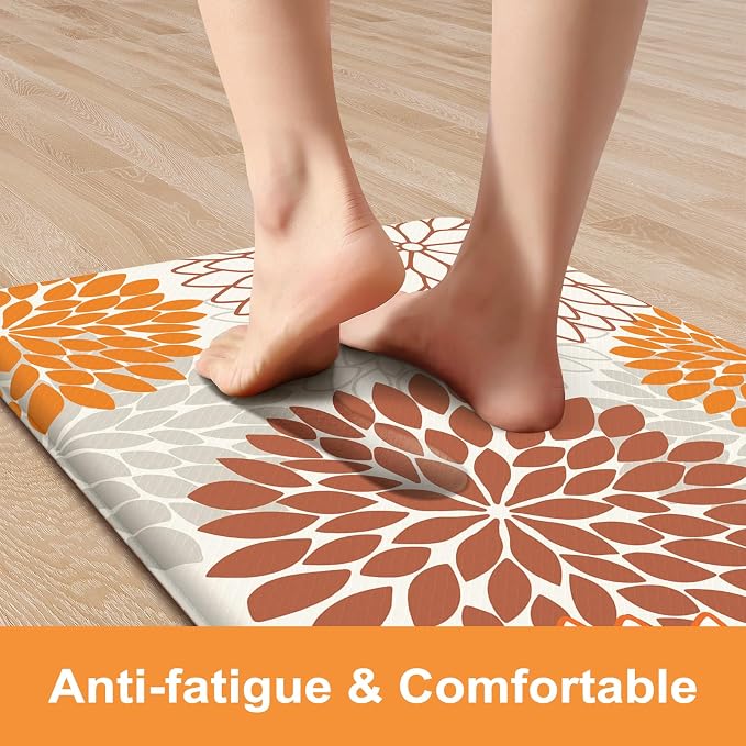 KIMODE Kitchen Mats for Floor Cushioned Anti Fatigue 2PCS Fall Kitchen Rugs | Dahlia Floral, 17"x47"+17"x29",Farmhouse Boho Floor Mats ,Non Slip,Waterproof,Comfort Desk Mat for Sink Office Laundry home