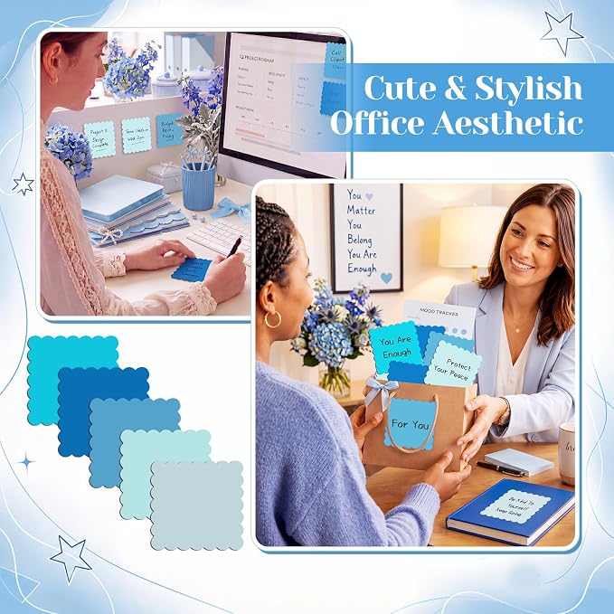 Epakh 10 Pack Scalloped Sticky Notes Bulk 3"x3" Cute Aesthetic Memo Pads 5 Gradient Colors Wavy Self Notepads for Office Study and Daily Life Organization, 300 Sheets(Blue)