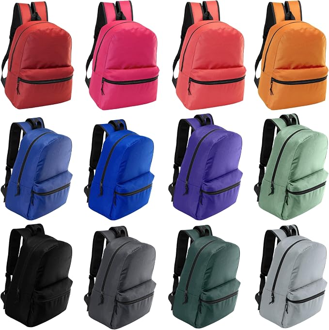 Moda West 17 Inch Bulk Backpacks with 16 Piece School Supplies Kits - Pens, Pencils, Crayons - Case of 12 Wholesale Backpacks in 12 Assorted Colors