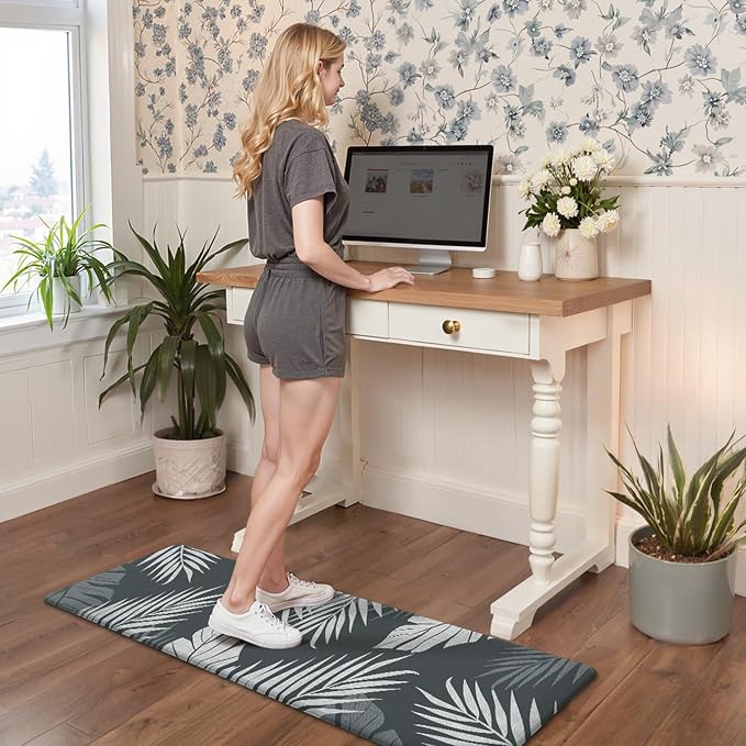 GENIMO Anti Fatigue Kitchen Mats for Floor 2PCS, Cushioned Standing Mats | 17.3"x59"&17.3"x30", Light Grey vintage floral rug set, waterproof, non slip, easy-clean for farmhouse