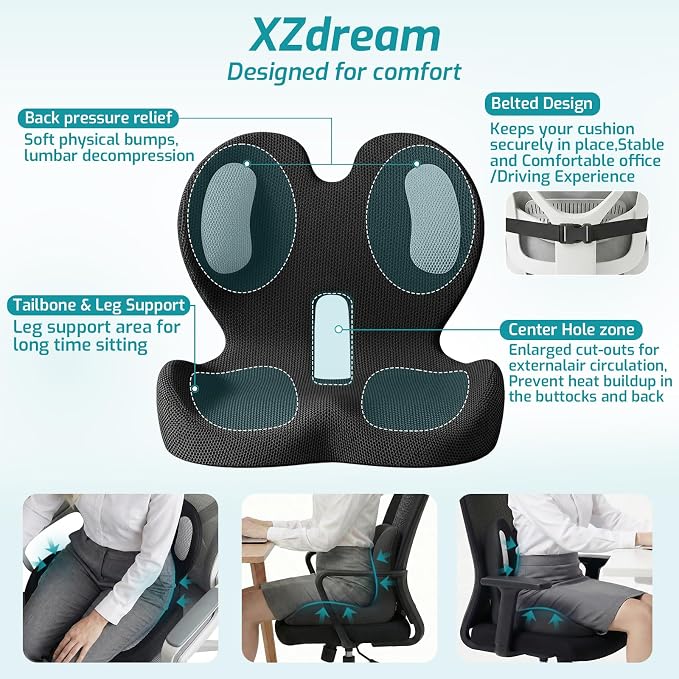 Ergonomic Seat Cushion, Office Chair Cushion with Lumbar Support Pillow, Memory Foam Seat Cushions for Office, Car, Home Chairs,Tailbone,Back Pain & Sciatica Relief,Improves Posture