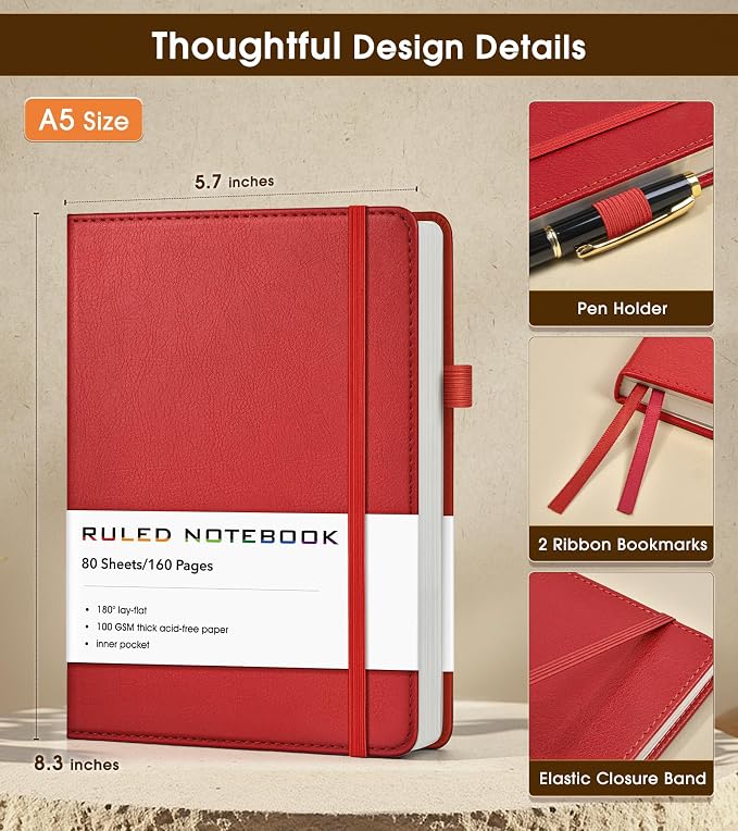 Lined Journal Notebook, A5 Hardcover Leather Journals for Writing, 160 Numbered Pages, 5.7'' x 8.3'' Journaling Notebooks for Men Women, Thick Paper College Ruled Journal for Work Office School, Red