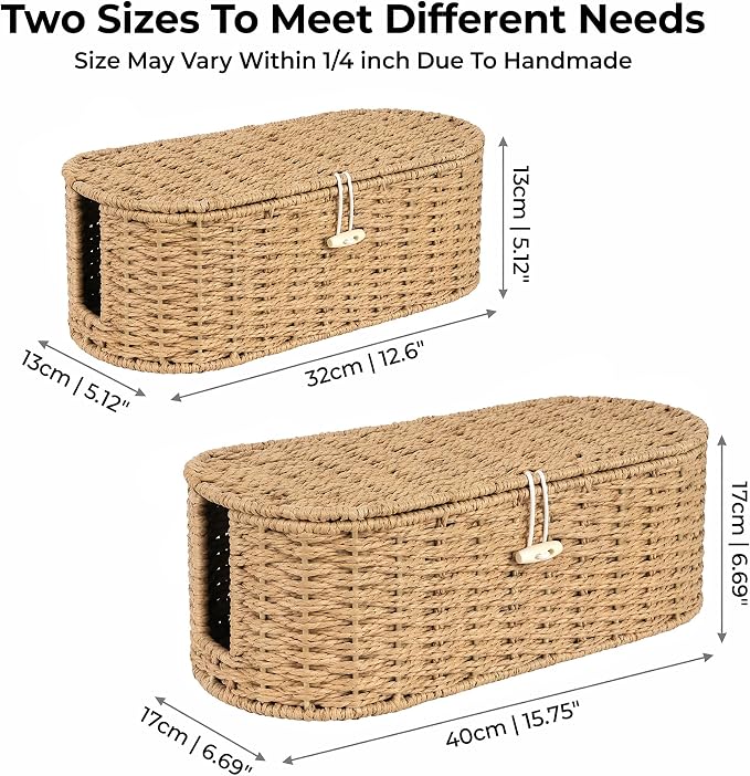 Set of 2 Cable Management Box, Handwoven Cord Hider Box with 3 Open Slots | Cable Organizer Box with Lockable Lid, Cord Storage Box to Hide Power Strip, Router, USB Hub, TV Wires for Home, Office