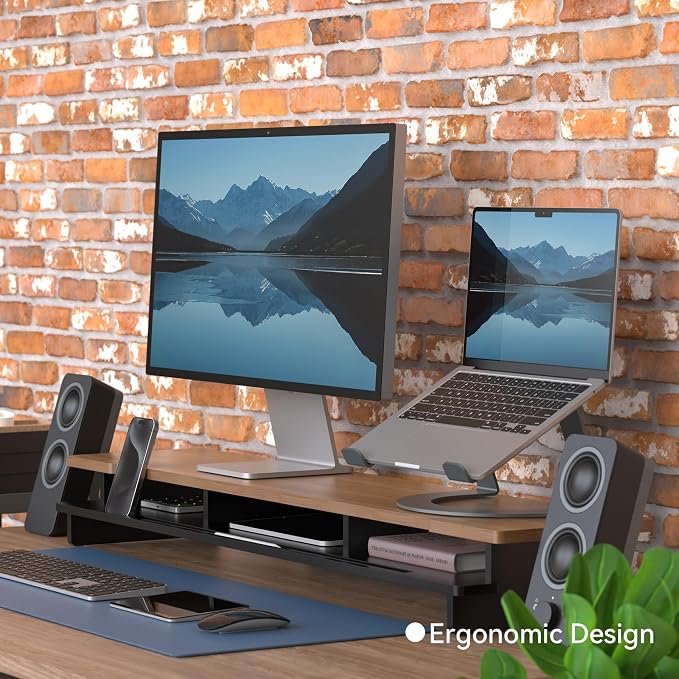 42.5” Dual Monitor Stand Desk Shelf with Phone Tablet Holder | Monitor Riser for 55-72 Inch Desk Cozy Computer Setup Workplace Organizer Keyboard Storage Compact Ergonomic Black