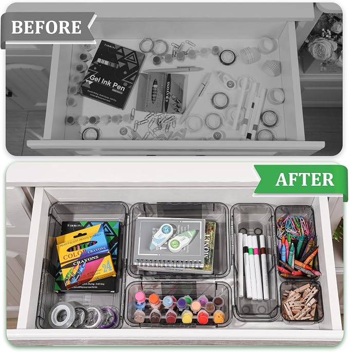 20 PCS Black Expandable Drawer Organizer, 3 Sizes Drawer Organizers and Storage, Vanity Dividers, Acrylic Storage Bins for Makeup, Jewelry Gadgets for Kitchen, Bedroom, Bathroom, Office