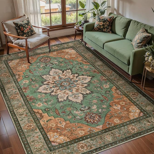 Tangsoo 4x6 Area Rug, Vintage Washable Non Slip Indoor Rugs, Oriental Machine Washable Rug Carpet, Soft Low Pile Foldable Floor Rugs for Dining Room Bedroom Living Room Home Decor Burnt Orange Green