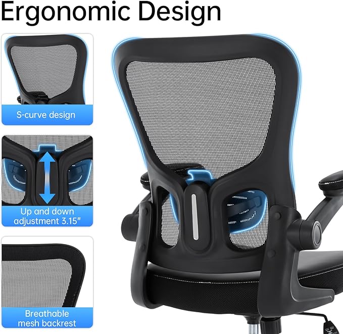 Ergonomic Office Chair Adjustable PU Leather Computer Chair with Lumbar Support,Flip-Up Arms, Breathable Mesh Back, Swivel Rolling Executive Desk Chair for Home Office, Black